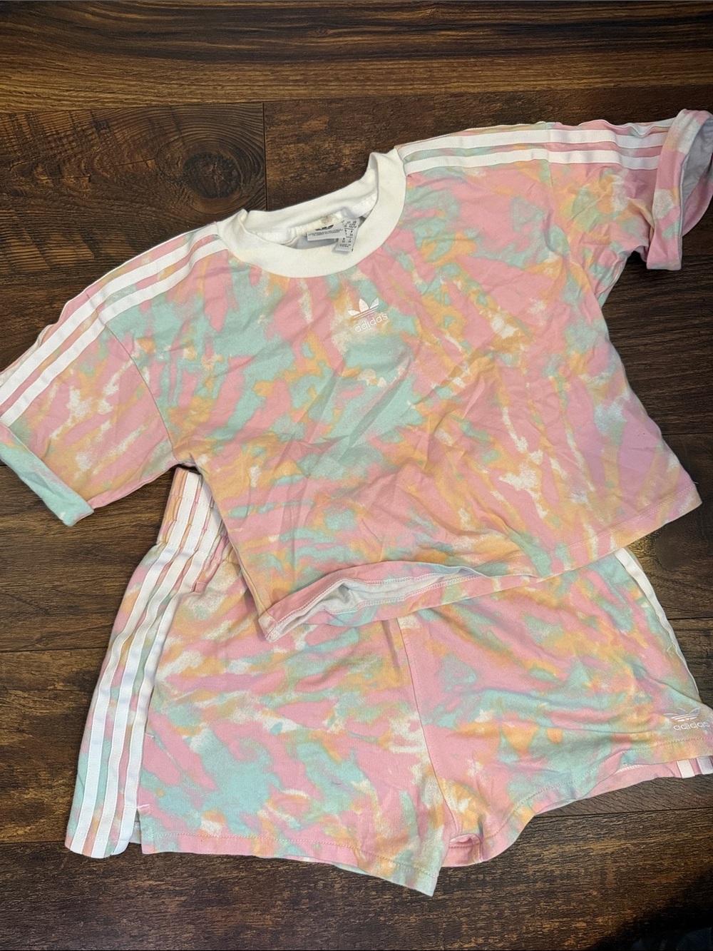 adidas Pastel Tie-Dye Crop Tee & Shorts Set — Pink, Mint, Yellow XS top S bottom
